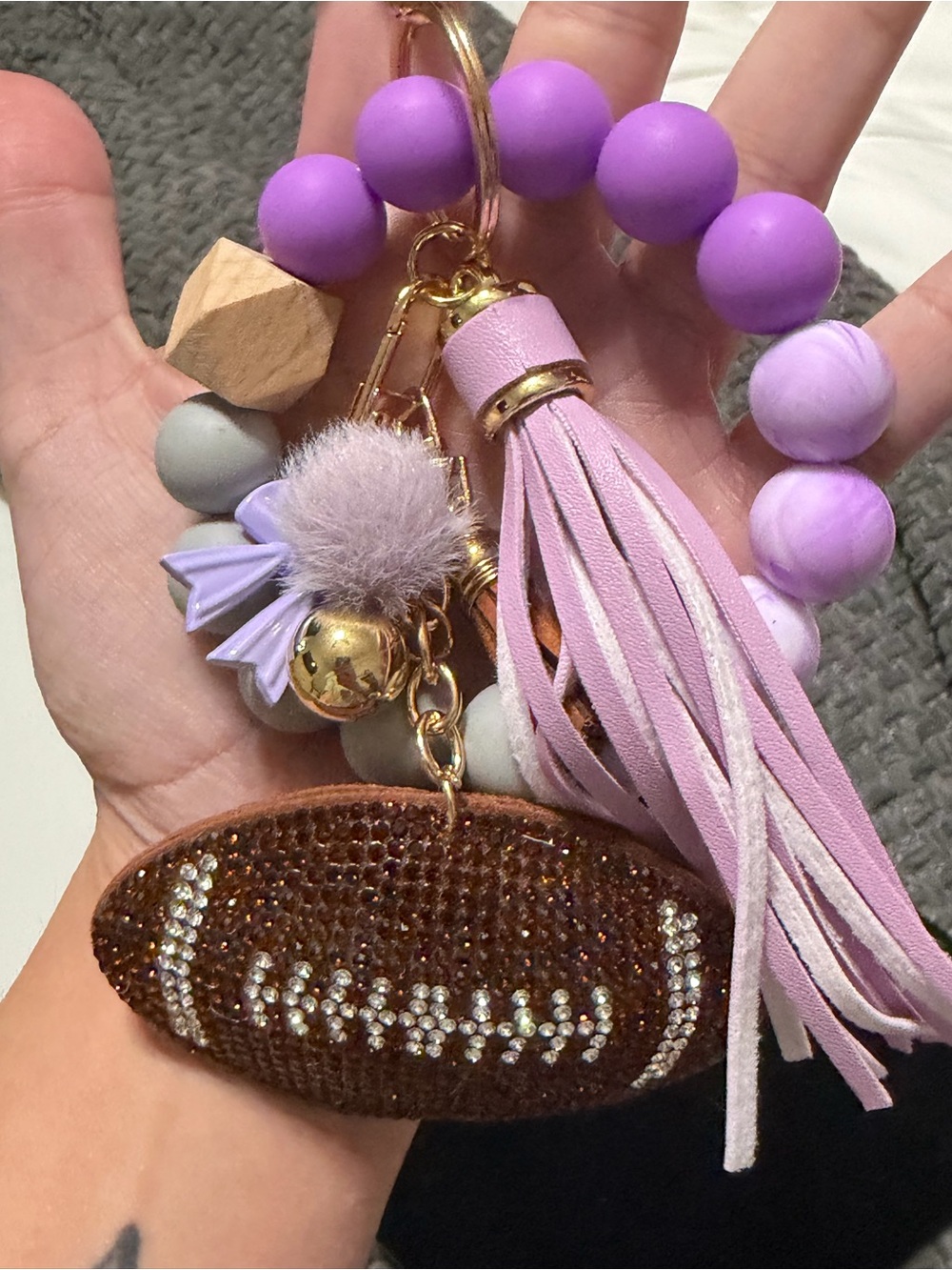 Purple Beaded Tassel Keychain Wristlet with Football Charm